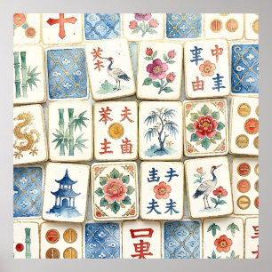 Poster Azulejos de Chinoiserie Mahjong Flores Aquarela Pá
