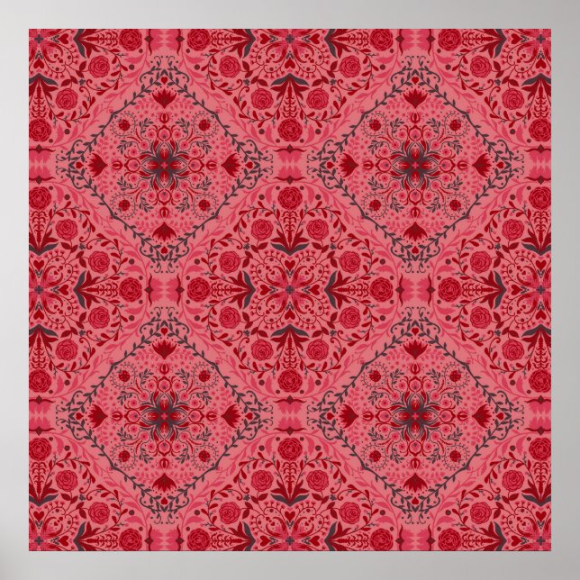 Poster Azulejos florais em vermelho e rosa melancia (Frente)