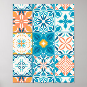 Poster azulejos ornamentados em azul e laranja