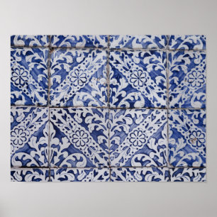 Poster Azulejos Portugueses - Azulejo Azul e Branco Flora