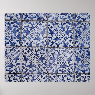 Poster Azulejos Portugueses - Azulejo Azul e Branco Flora