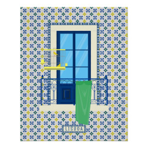 Póster Azulejos portugueses e varanda de janela com aves