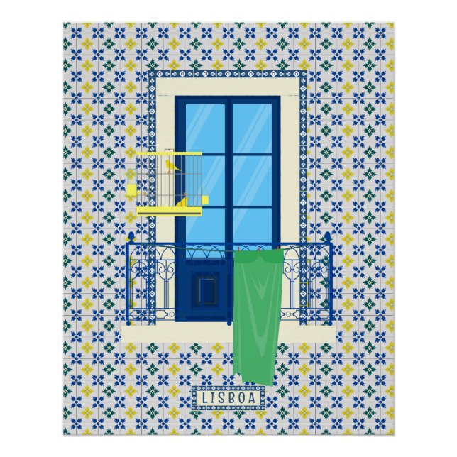 Póster Azulejos portugueses e varanda de janela com aves (Frente)