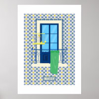 Azulejos portugueses e varanda de janela com aves