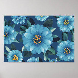 Poster Azure Blooms: Padrão Floral Azul Vibrante