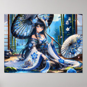 Poster Azure Blossom Kimono Girl