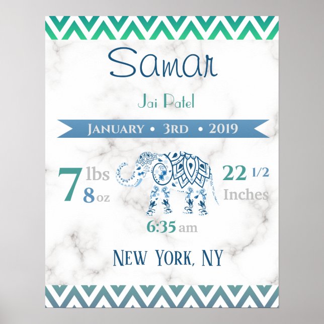 Poster Baby Birds Sinal Elefante Marble Blue & Green (Frente)