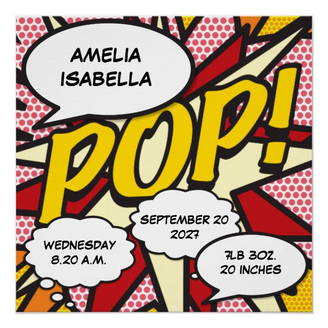 Póster Baby Birth Stats Comic Book, Pop Art Keepsasak (Frente)