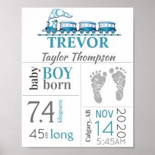 Poster Baby Birth Stats Sign with Blue Train & Footprint