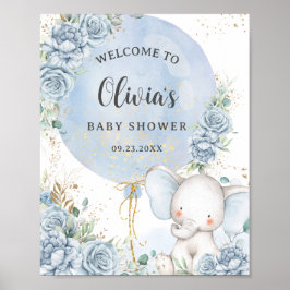 Poster Baby Blue Floral Elephant Boy Baby Shower