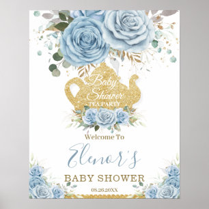 Poster Baby Blue Floral Rosa Chá de fraldas High Tea Part