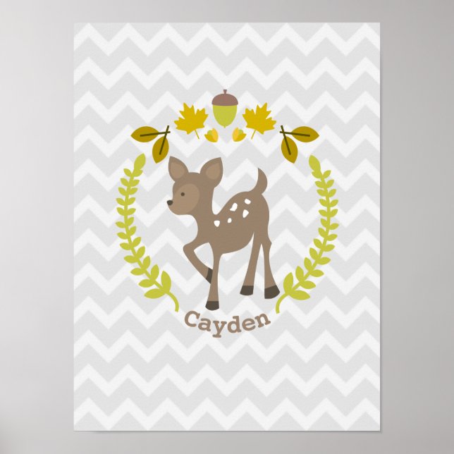 Póster Baby Deer Cinza Chevron Nursery Trabalho de arte - (Frente)