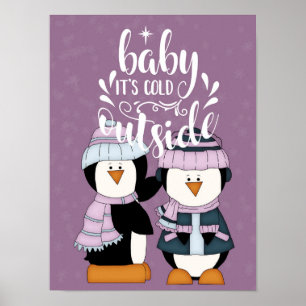 Poster Baby É Frio Lá Fora Pinguins Roxos e Azuis