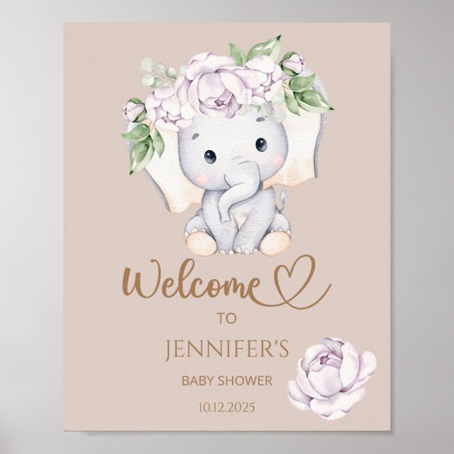 Poster Baby Elephant & Flower Chá de fraldas Welcome (Frente)
