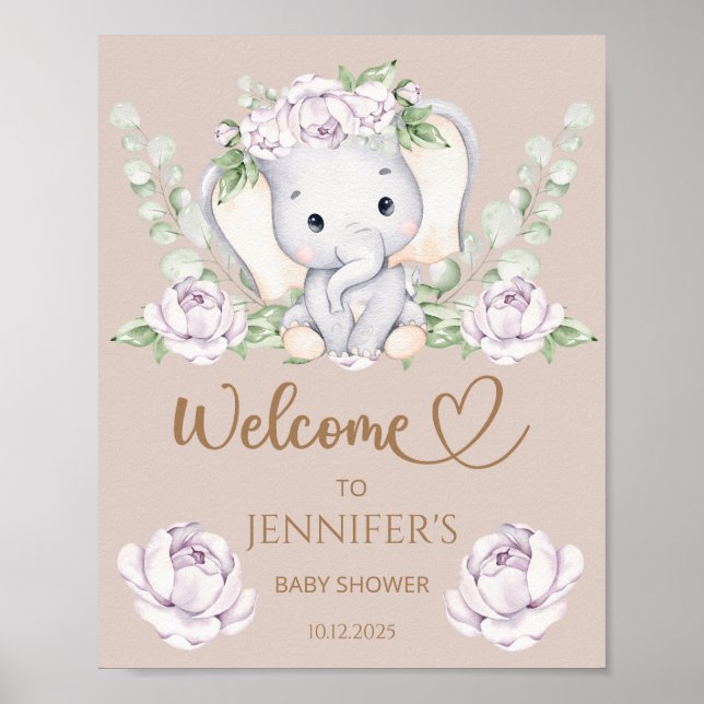 Poster Baby Elephant & Flower Chá de fraldas Welcome (Frente)