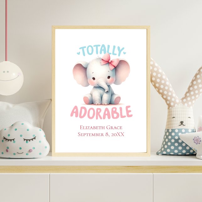 Poster Baby Elephant Pink Baby Girl Nursery Wall Art (Personalized Baby Elephant Nursery Wall Art Baby Girl. Baby Shower or New Baby Gift)