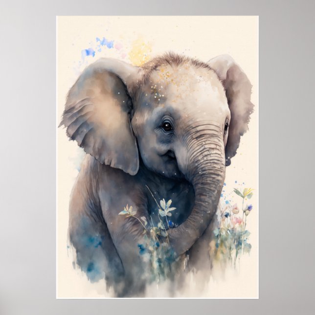 Poster Baby Elephant Watercolor Nursersery Wall Art Poste (Frente)