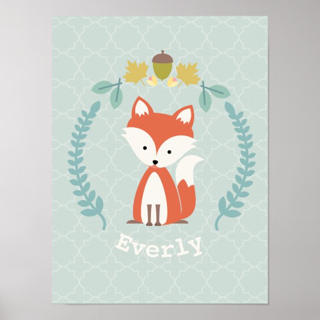 Póster Baby Fox Wreath Personalised Nursery Trabalho de a (Frente)
