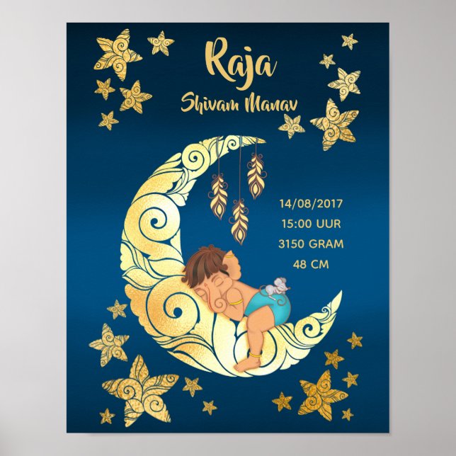 Poster Baby Ganesha com lua e estrelas (Frente)