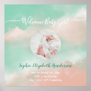 Poster Baby Girl Name Script Birds Stats Newborn Foto