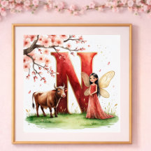 Baby Girl Nursery Letter N Fairy Floral