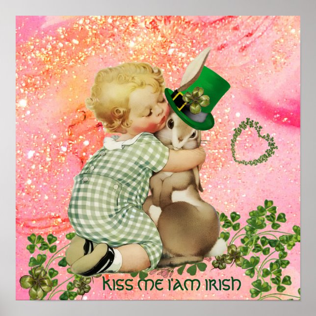 Poster BABY HUGING RABBIT Rua.Dia de Patrick,Floral Rosa (Frente)
