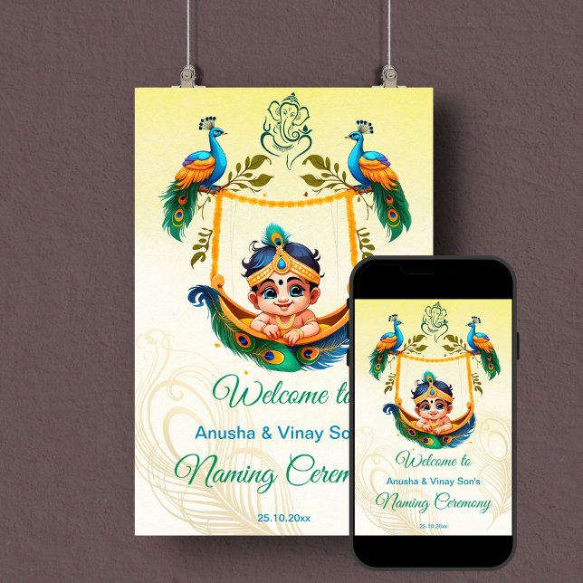 Poster Baby Krishna Naming Cradle Ceremony (Baby Krishna baby naming cradle namkaran ceremony welcome sign template poster instant download)