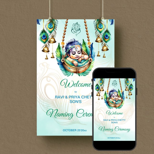 Poster Baby Krishna Naming Cradle Ceremony bem-vindo (Baby Krishna Naming Cradle Namkaran Hindu Ceremony welcome sign Poster editable template download)