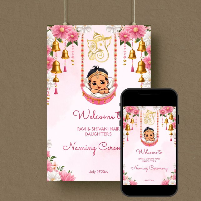 Poster Baby Naming Cradle Indian Ceremony rosa (Baby Naming Cradle Indian Namkarana Ceremony pink welcome Poster template digital download cute girl)