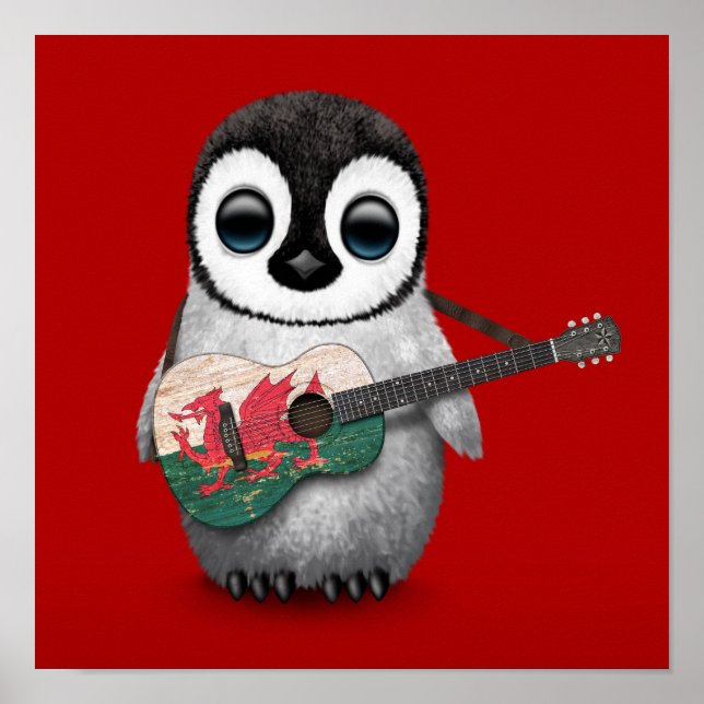 Póster Baby Penguin Tocando Bandeira Welsh Guitar Red (Frente)