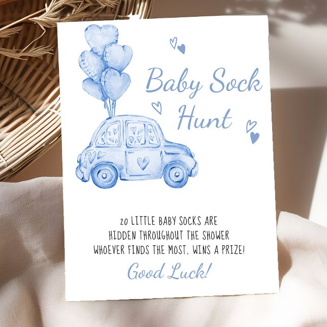 Poster Baby Sock Hunt Blue Car Balões de Chá de fraldas J (Baby Sock Hunt baby shower game poster - available printed or digital - by Darling & May)