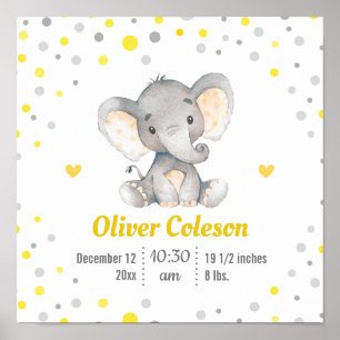 Poster Baby Stats Elephant Yellow Cinza Nursery