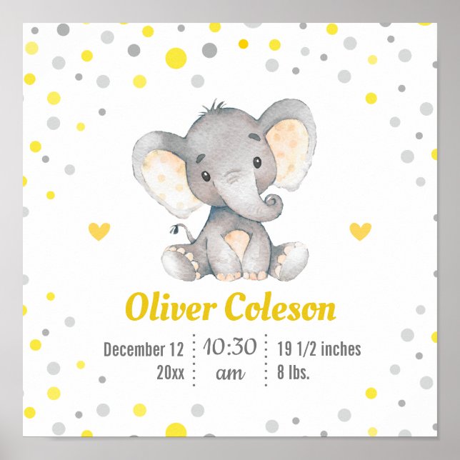 Poster Baby Stats Elephant Yellow Cinza Nursery (Frente)
