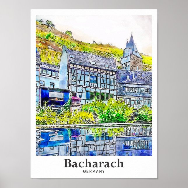 Poster Bacharach Alemanha Viagem Watercolor (Frente)