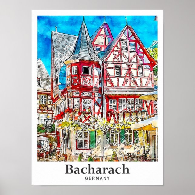 Poster Bacharach Alemanha Viagem Watercolor (Frente)
