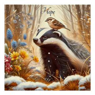 Póster Badger e Sparrow Nature Willife Rustic