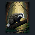 Póster Badger in Enchanted Forest<br><div class="desc">A badger is perched on a fallen tree in a mystical forest setting. Sunlight filters through the trees,  creating a serene and magical atmosphere.</div>