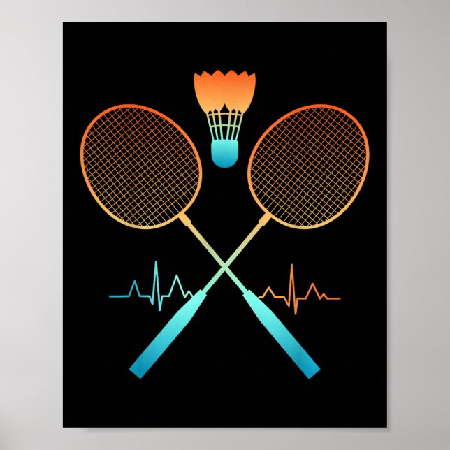 Poster Badminton Retro Com Peteca Batimento Cardíaco Ecg (Frente)
