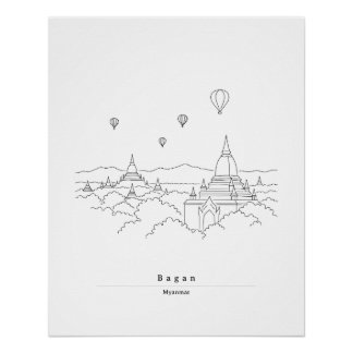 Póster Bagan Myanmar Poster de Arte de Linha Minimalista