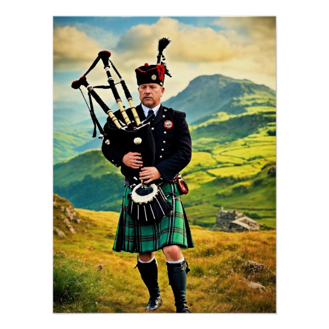 Póster Bagpipe na Escócia, gerado pela IA, (Frente)