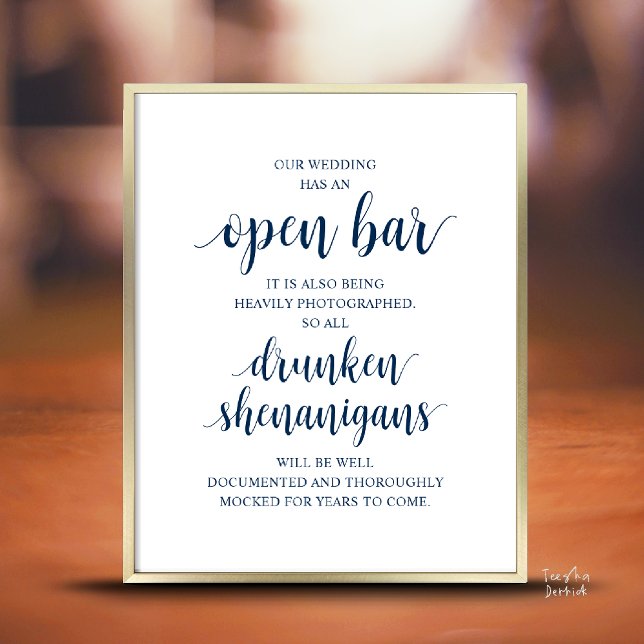 Poster Bagunça Bêbada no Bar Aberto de Casamento Rústico  (Modern Rustic Wedding Open Bar Drunken Shenanigans Poster in Classy Navy Blue)