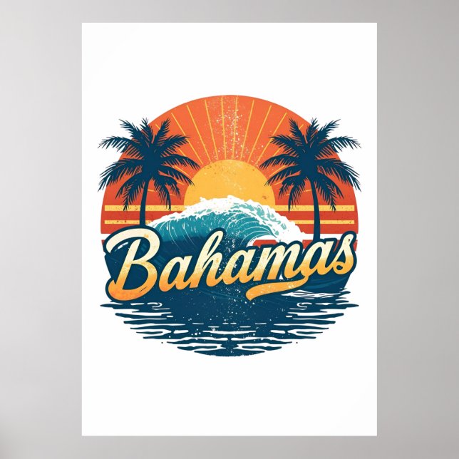 Poster Bahamas Retro Sunset Palm Trees Design (Frente)