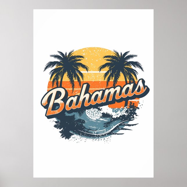 Poster Bahamas Retro Sunset Palm Trees Design (Frente)