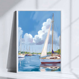 Poster Baía de Barcos à Vela Pintura em Aquarela Costei