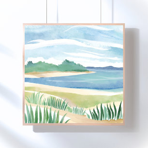 Poster Baía de Grama de Praia   Aquarela Oceano Mar Coste
