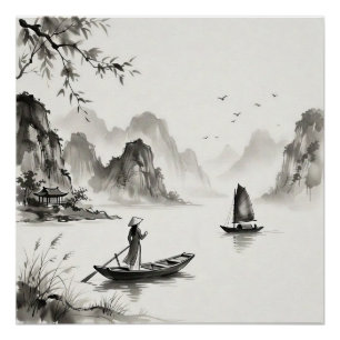 Póster Baía de Ha Long Vietnã Paisagem a Tinta Nanquim