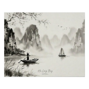 Póster Baía de Ha Long Vietnã Paisagem a Tinta Nanquim
