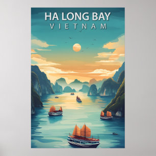 Poster Baía de Ha Long Vietnã Retro Sudeste Asiático Cost