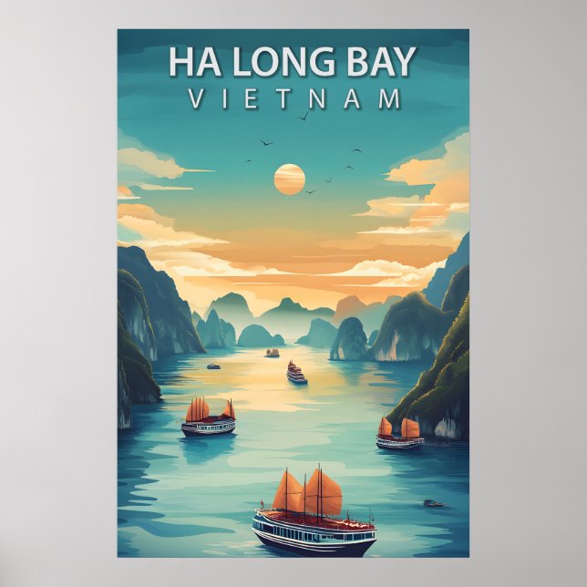 Poster Baía de Ha Long Vietnã Retro Sudeste Asiático Cost (Frente)