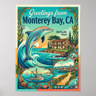Poster Baía de Monterey Califórnia Golfinho Estilo Vintag